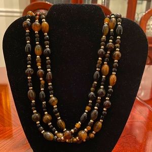 Triple Strand Beaded 20” Amber Brown Black Gold Necklace